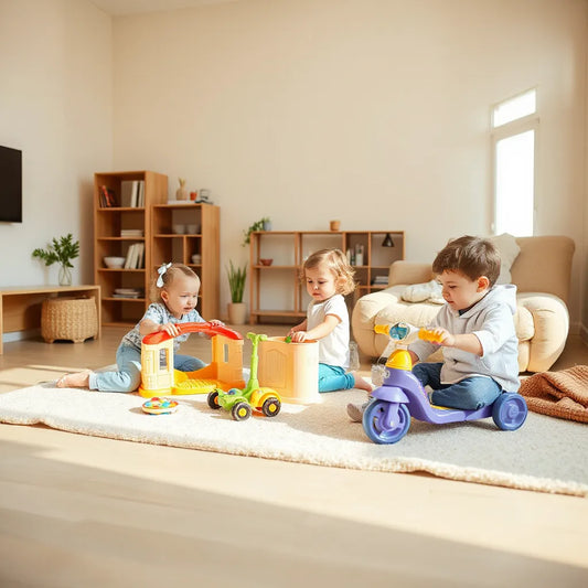 Kids playing with a playset, ride-on toy, and pretend accessories in a bright room