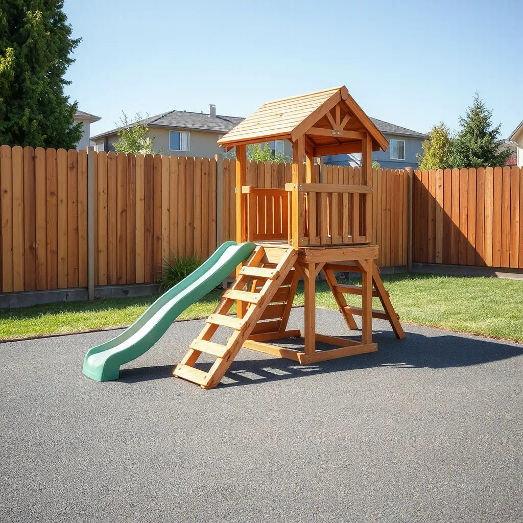Backyard outdoor play set with slide, climbing ladder, and swing on safe ground surfacing