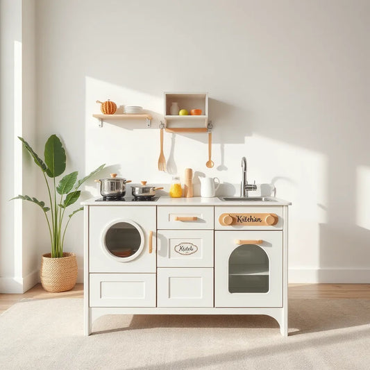 2-in-1 kids play kitchen set with stovetop, sink, and pretend cooking accessories