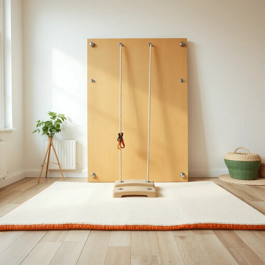 Child-friendly climbing wall with padded steps and foam safety mats in a bright playroom