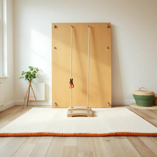 Child-friendly climbing wall with padded steps and foam safety mats in a bright playroom