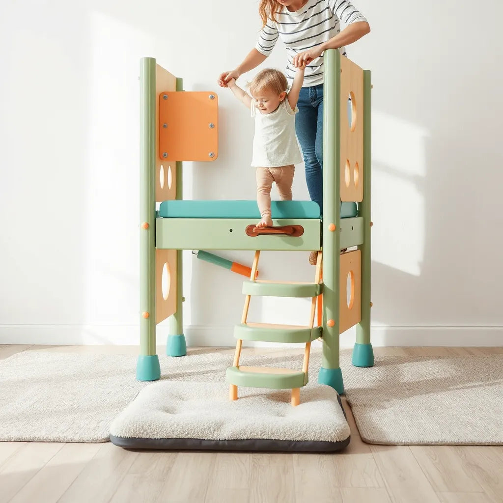 Child using a sturdy indoor climbing toy with non-slip steps on padded mats under supervision