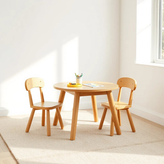 Child-sized table with matching chairs in a bright playroom corner