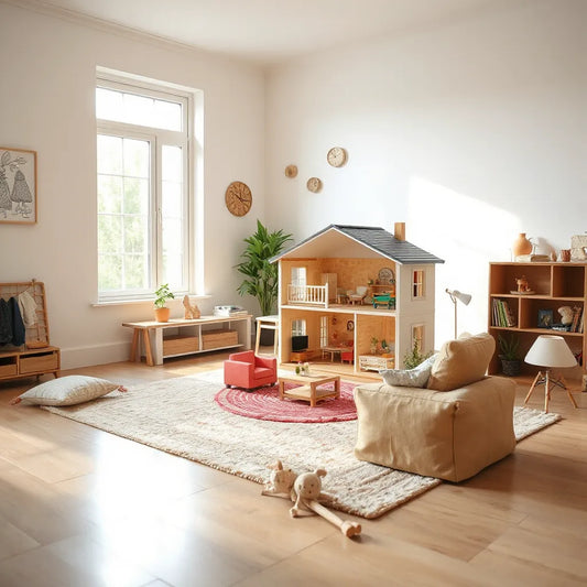 Colorful furnished dollhouse play set with tiny room furniture in a bright playroom