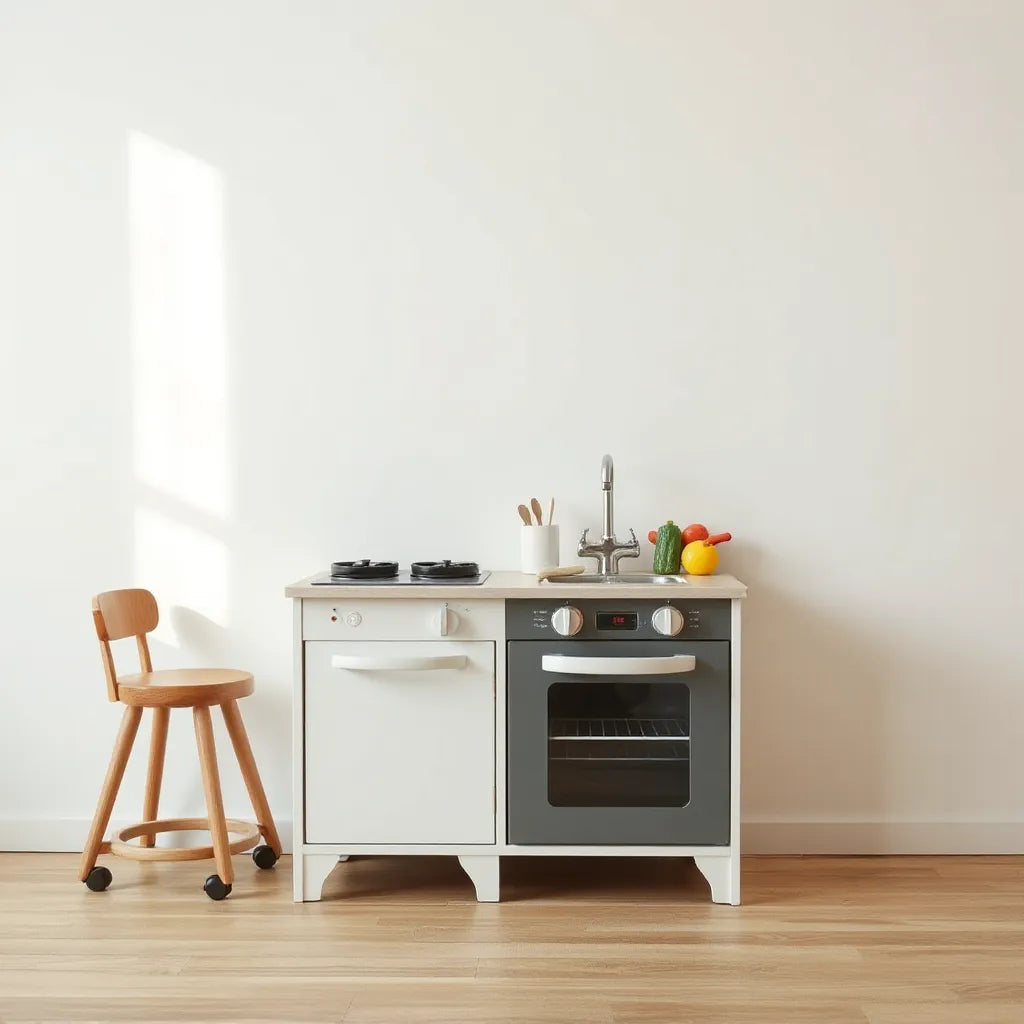 Child-size pretend play kitchen set with toy food, utensils, and sink in a bright playroom