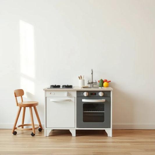 Child-size pretend play kitchen set with toy food, utensils, and sink in a bright playroom