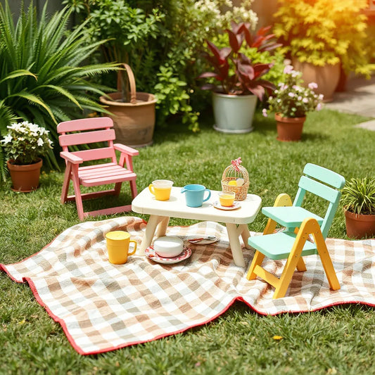 Kid-friendly garden picnic setup with a small table, plates, cups, and a blanket in a sunny yard