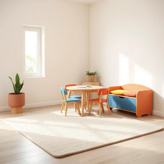 Colorful kids table and chairs with a storage bench in a bright, tidy playroom