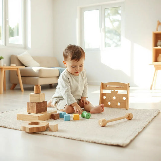 Toddler playing with Montessori-style wooden shape sorter, stacking blocks, and lacing toy on a floor mat