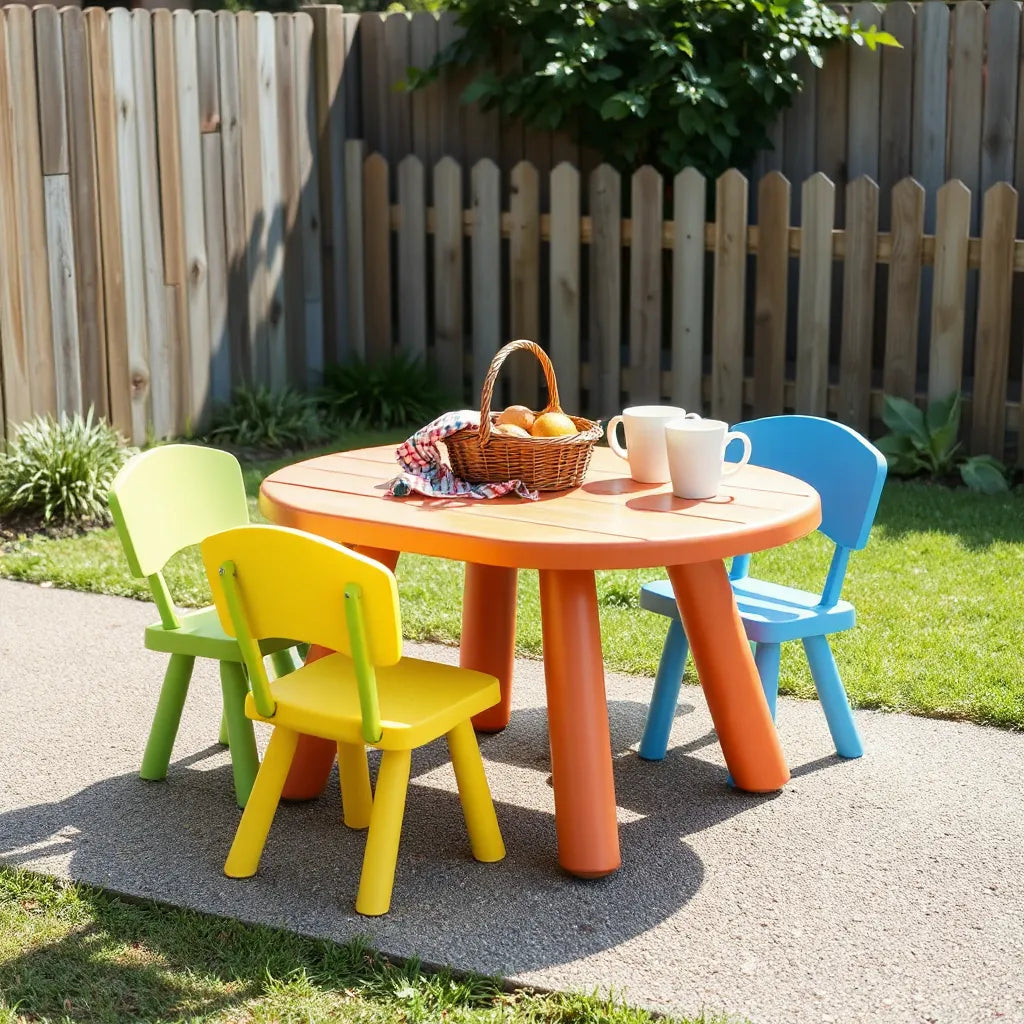 Bright kids picnic table with child-sized chairs and a simple outdoor picnic on a lawn