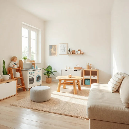 Kids play corner with imaginative furniture including a pretend kitchen set, activity table, and soft seating