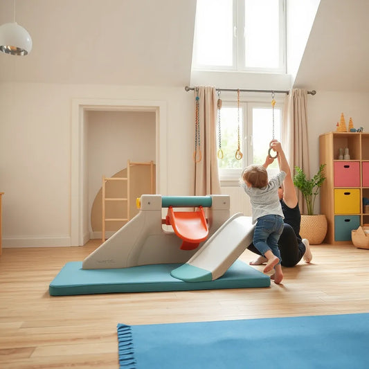 Toddler playing on a padded indoor play gym with slide, balance beam, and climbing ladder in a safe room