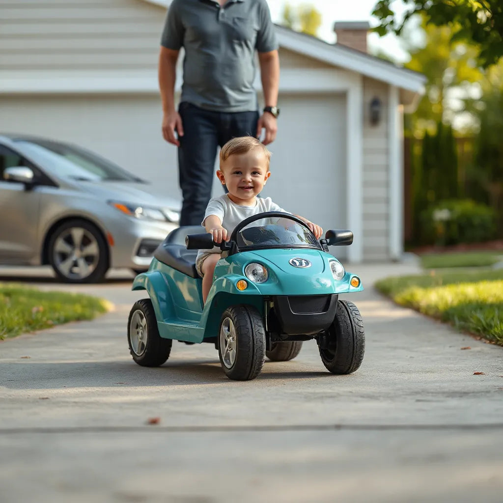 Child sits in an electric ride-on car while a parent supervises nearby on a driveway