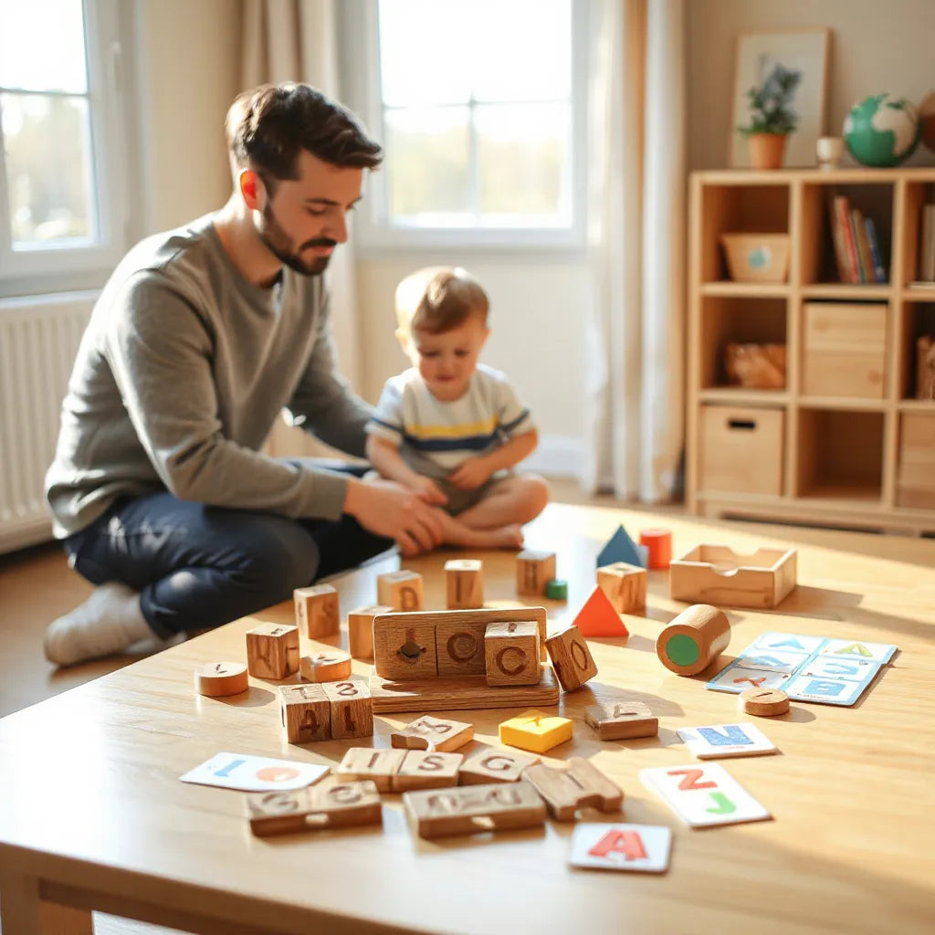 Child exploring educational toys like blocks, a shape sorter, puzzle, and matching cards at a play table