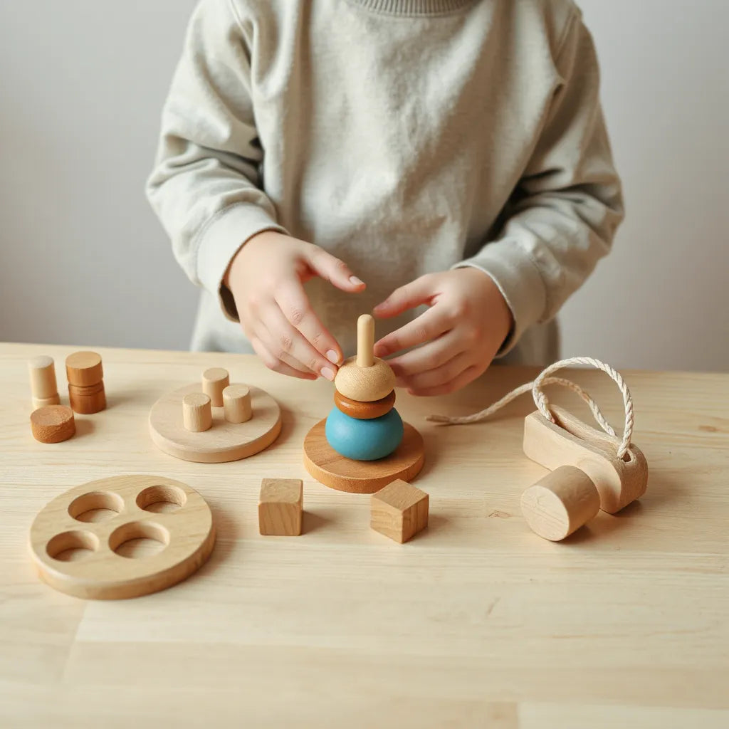 Wooden shape sorter and lacing toy on a light table with preschool play items