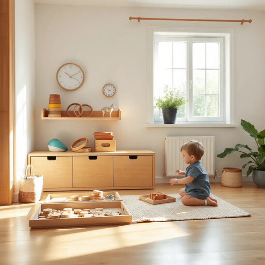 Child sorting wooden materials on a floor mat in a bright, uncluttered home play space