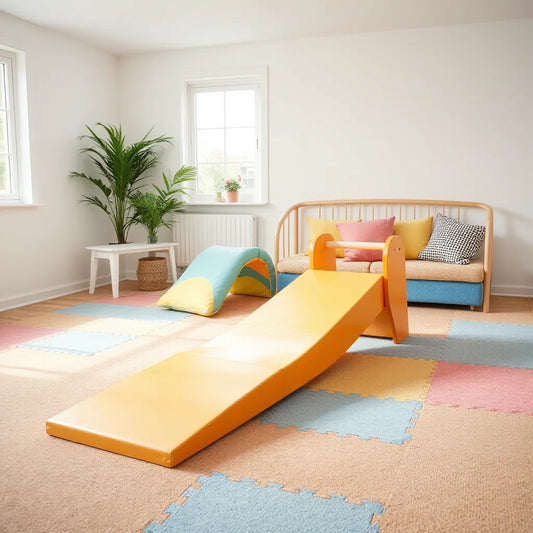 Child-friendly indoor play area with padded ramp, tunnel, balance beam, and soft slide on foam tiles