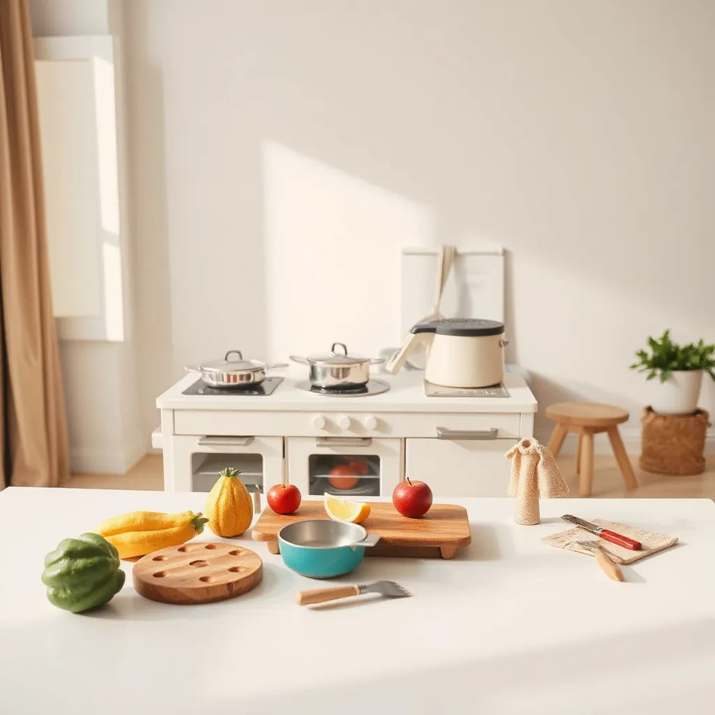 Kids play kitchen accessories with toy cookware and pretend food on a countertop