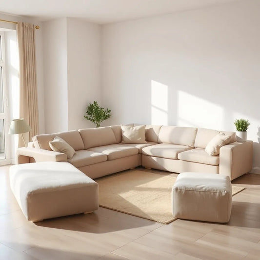 Modular play sofa with interlocking padded sections arranged in an L-shape in a bright living room