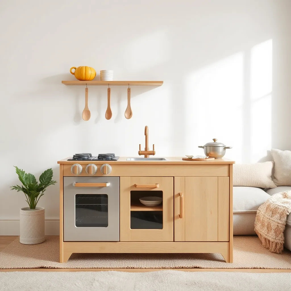 Wooden kids play kitchen set with stove, sink, and toy accessories in a bright living room