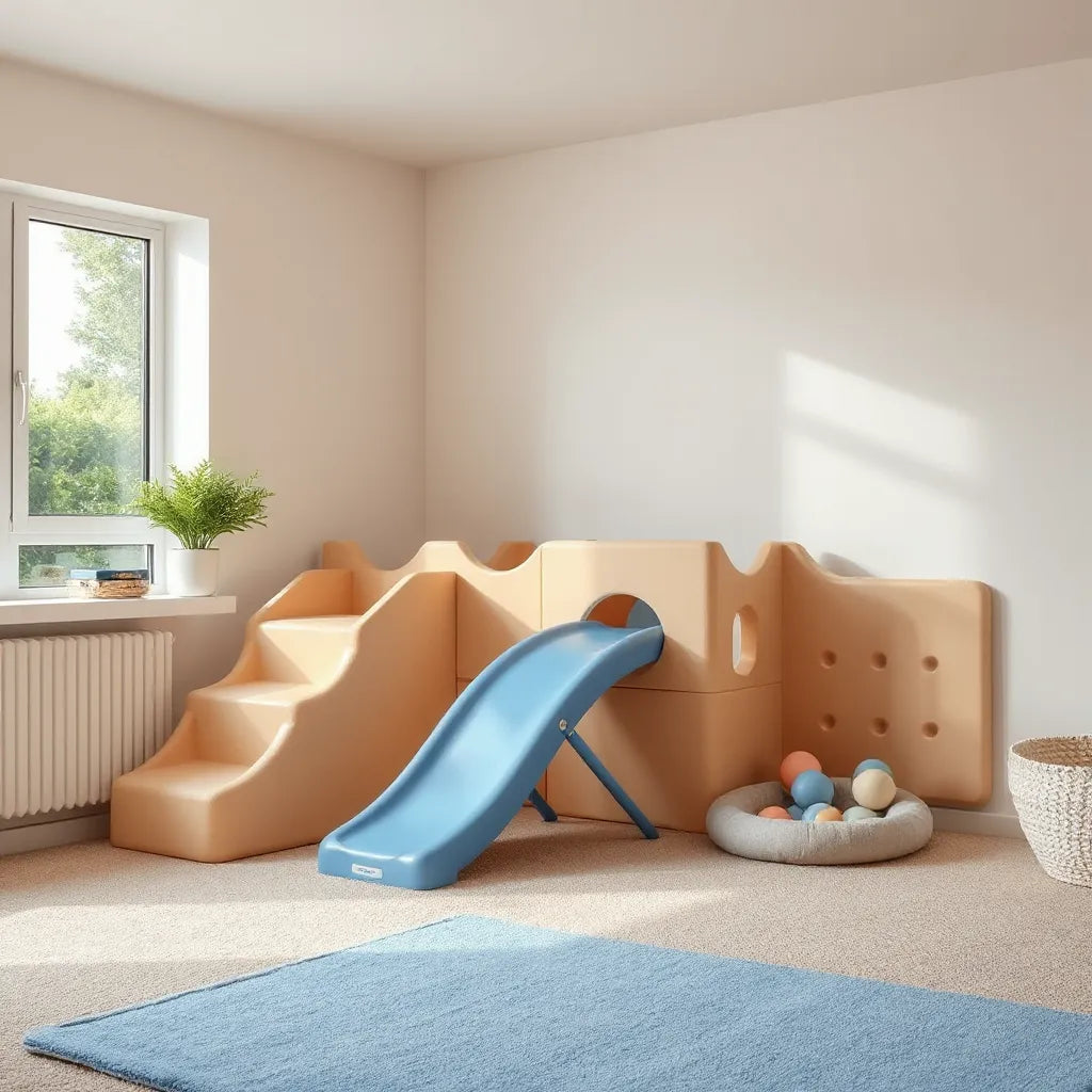 Safe indoor play setup with padded climbing steps, slide tunnel, and activity panels