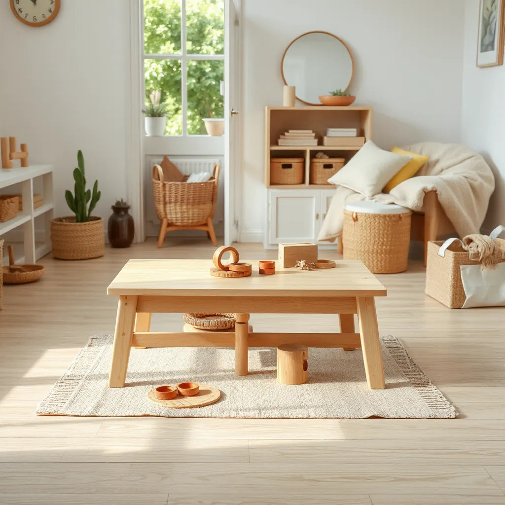 Child using Montessori materials on a low table with organized trays and baskets in a bright room