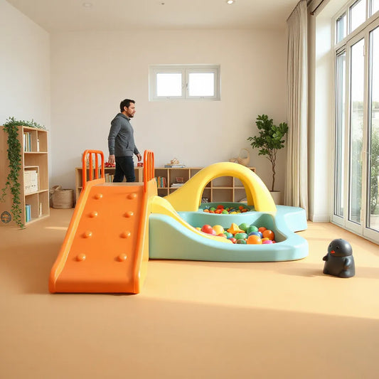 Kid-friendly indoor playset with padded climbing ramp, soft slide, and rubber mats in a bright playroom