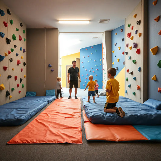 Children climbing padded wall sections in a supervised indoor kids climbing gym