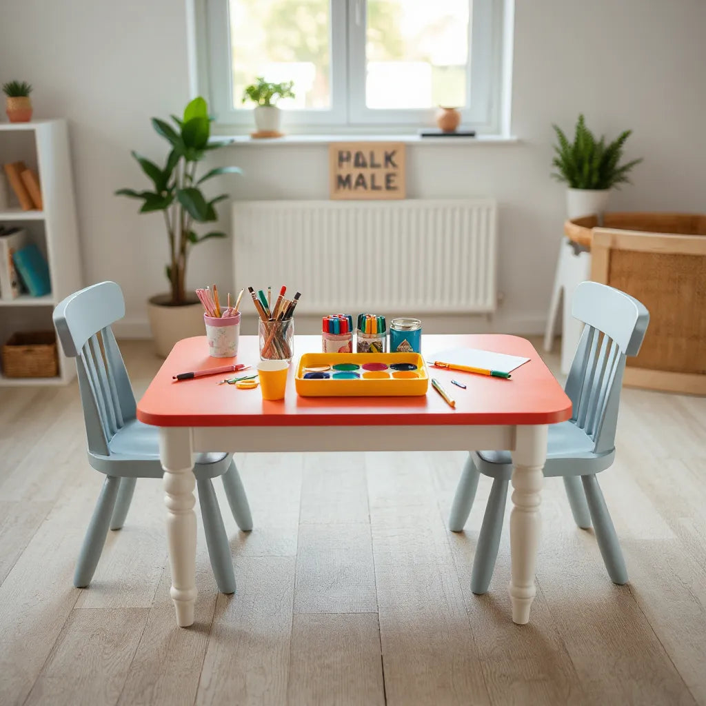 Kid-sized arts and crafts table with markers, paint, and neatly organized supplies in a bright playroom