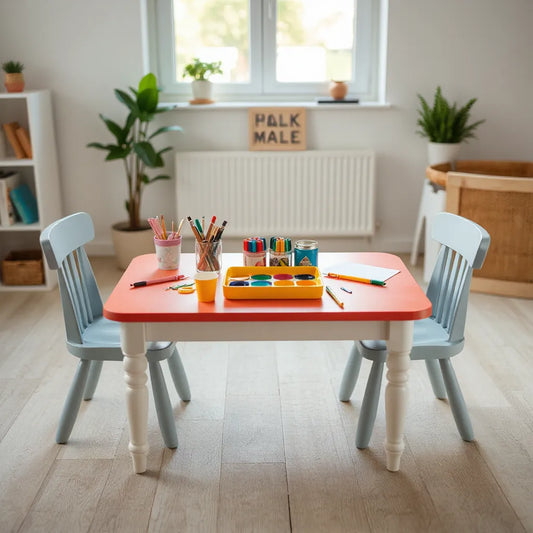 Kid-sized arts and crafts table with markers, paint, and neatly organized supplies in a bright playroom