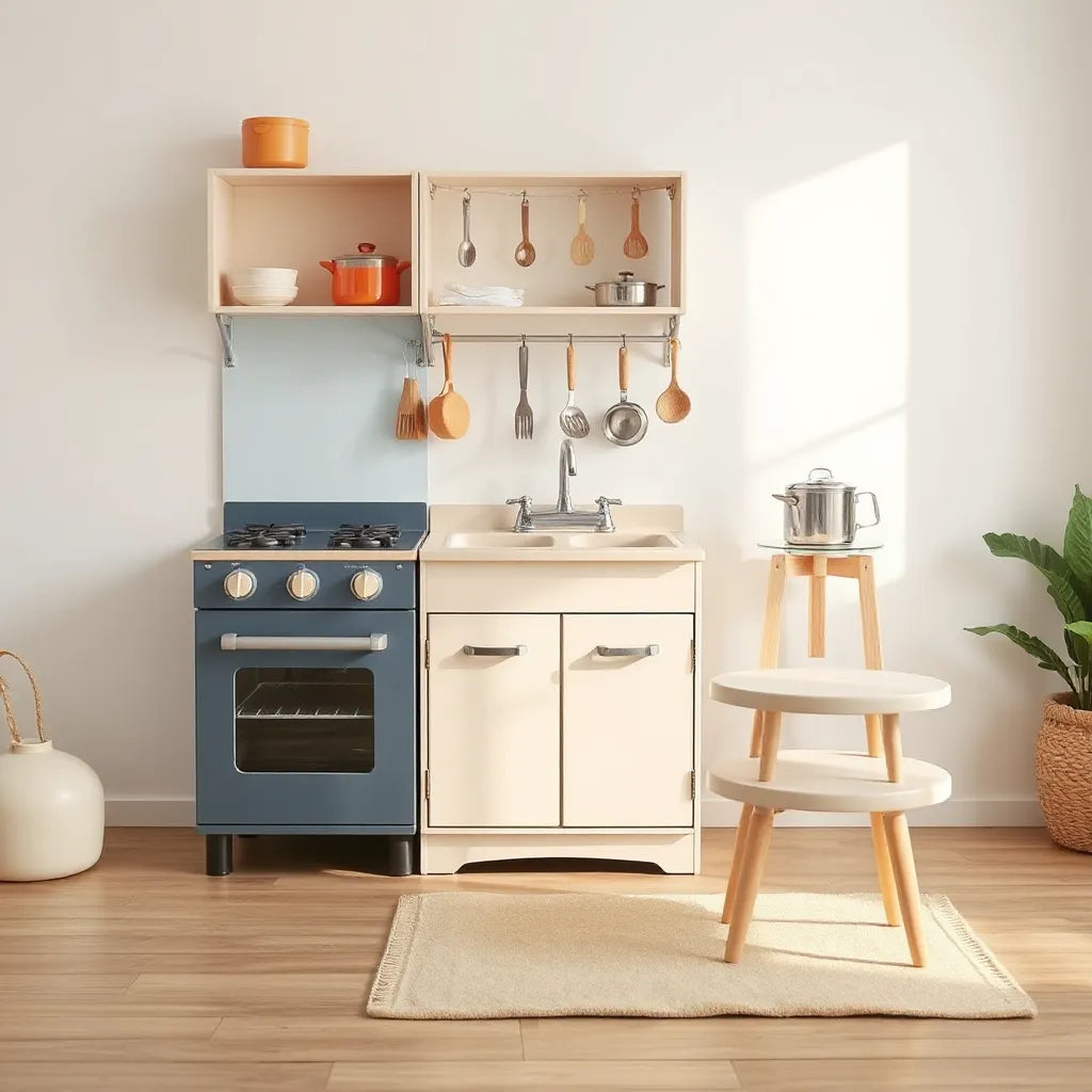 Interactive kids kitchen with child-sized stove, sink, and pretend cookware in a bright playroom