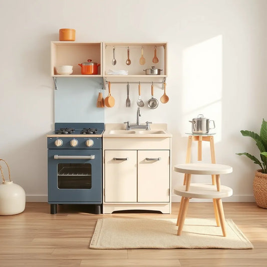 Interactive kids kitchen with child-sized stove, sink, and pretend cookware in a bright playroom
