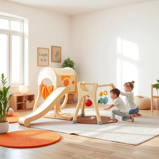 Child playing on a padded indoor play gym with slide and climbing features in a bright room