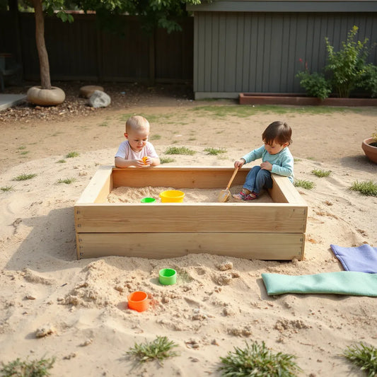 Children playing in a wooden outdoor sandbox with shovels, buckets, and sand toys in a backyard