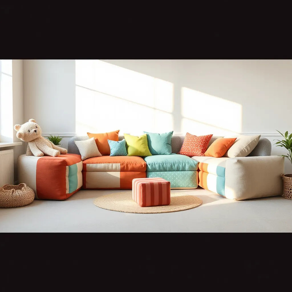 Colorful modular play sofa cushions arranged for flexible kid seating in a bright playroom