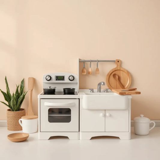 Child-friendly pretend kitchen with toy stove, sink, and arranged pots, pans, utensils, and plates