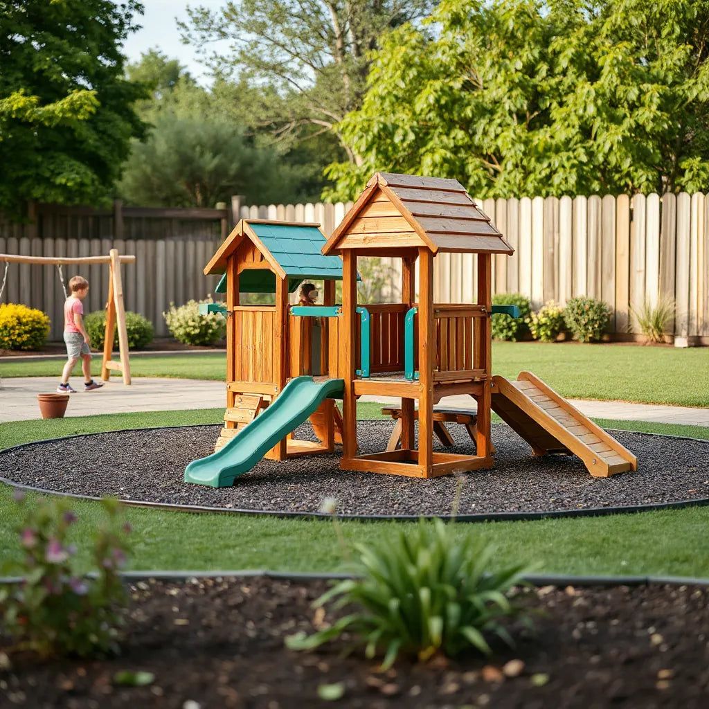 Children playing on a colorful backyard garden play set with slide and climbing elements