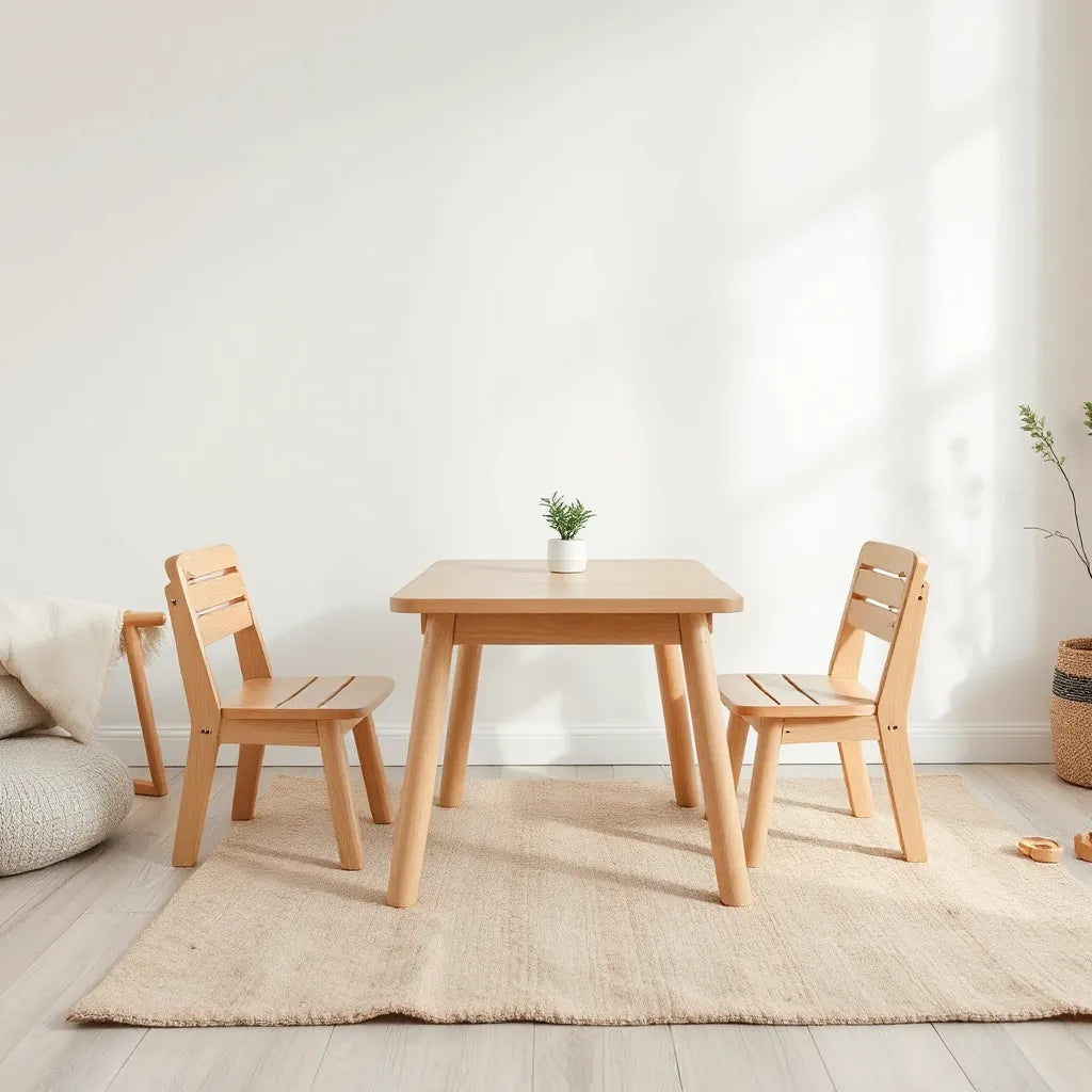 Child-sized wooden table and chair set made from natural materials in a bright playroom