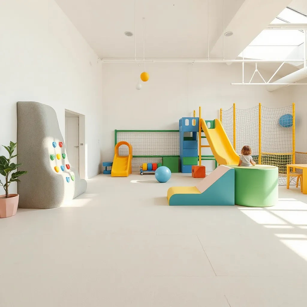 Kids indoor climbing wall, slide, and obstacle course in a padded play gym