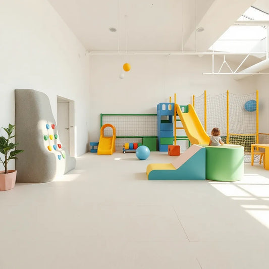 Kids indoor climbing wall, slide, and obstacle course in a padded play gym
