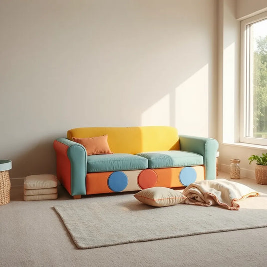 Colorful kids play couch with soft cushions in a bright living room setting