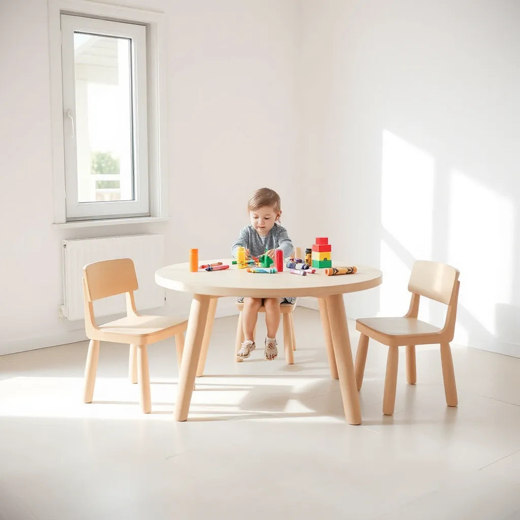 Kid-sized activity table with chairs in a bright playroom, ready for drawing and building blocks