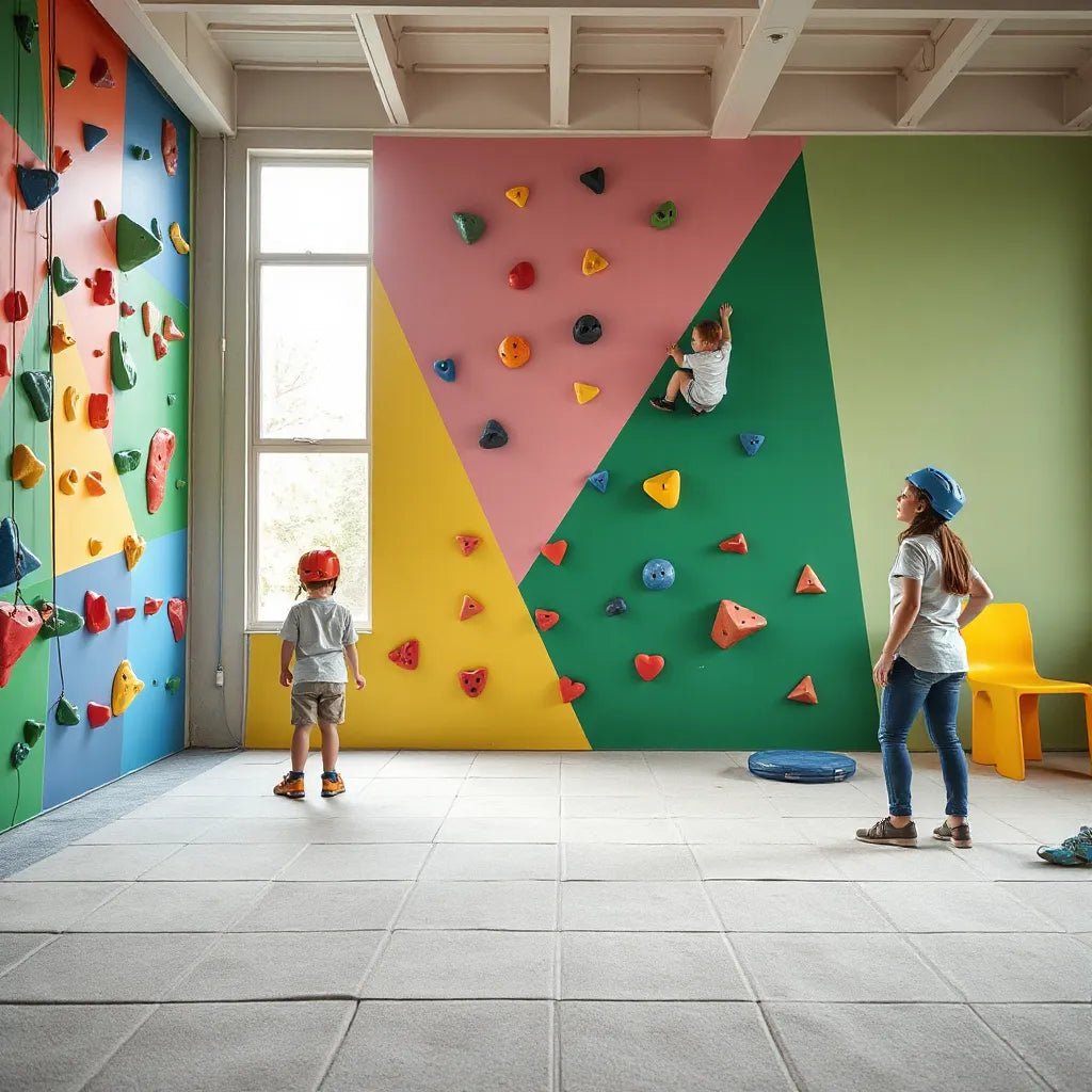 Kids climbing wall with safety mats and a parent watching in an indoor climbing gym
