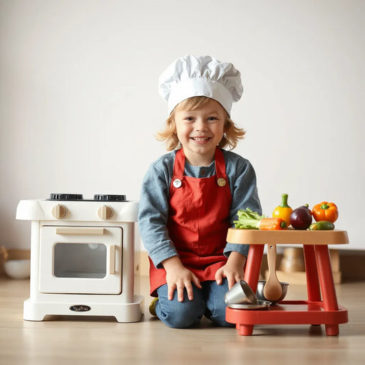 Child in a chef hat playing with a pretend kitchen set, stove knobs, and plastic cooking tools