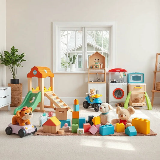 Colorful age-appropriate playsets and ride-on toys arranged in a bright playroom