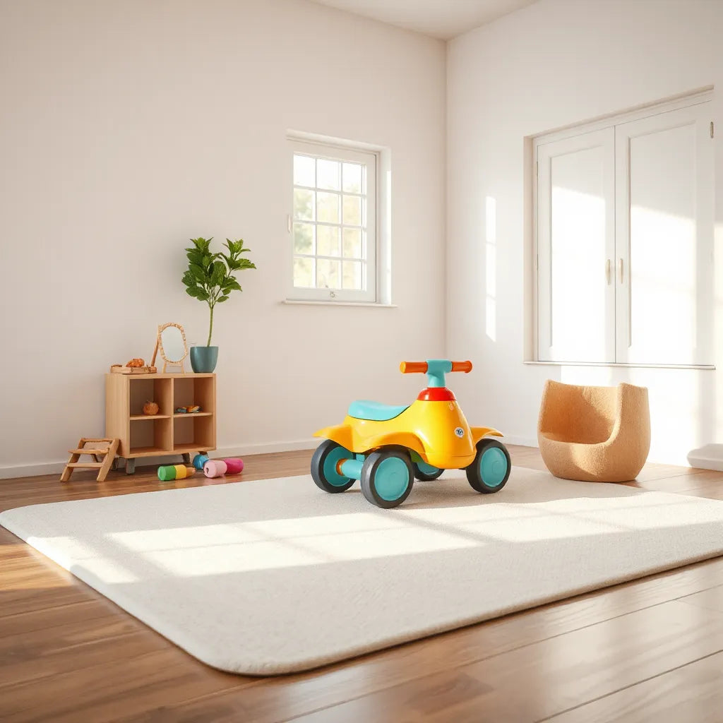 Child-safe ride-on and playset toys in a bright playroom with pretend accessories