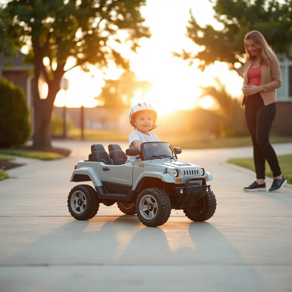 Child wearing a helmet sits in a ride-on car while a caregiver supervises nearby