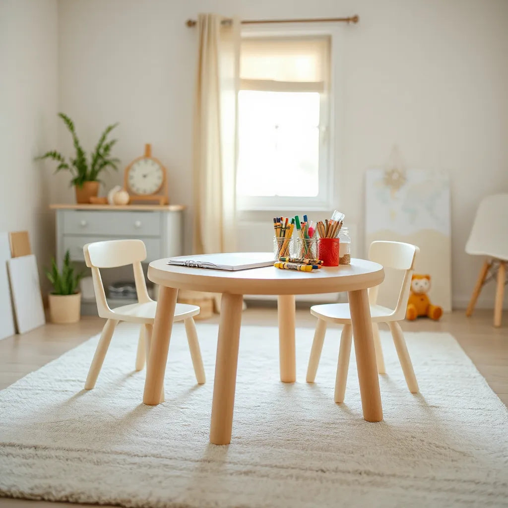 Child-sized activity table with craft supplies in a bright playroom