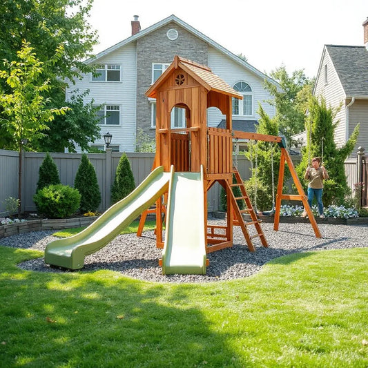 Wooden backyard adventure playset with slide and climbing wall in a safe home yard
