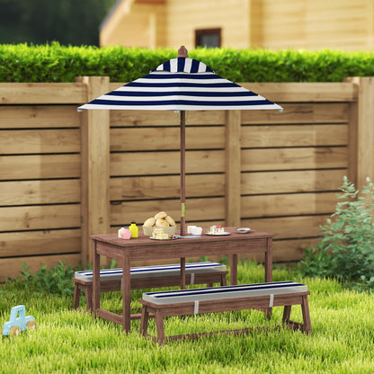 Little Play World SunHaven™ kids outdoor picnic table set with two small benches on a grassy lawn.